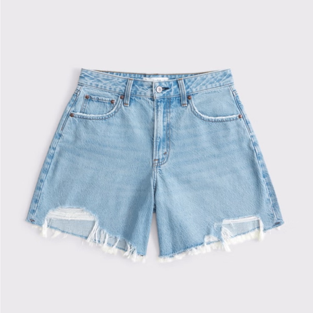 NWT Abercrombie & Fitch High Rise The Loose Short Jean Denim blue frayed shorts - Picture 5 of 7